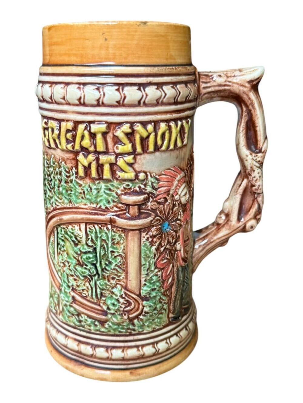 Vintage Raised Relief Beer Stein Mug Black Bear Indian Great Smokey Mountains
